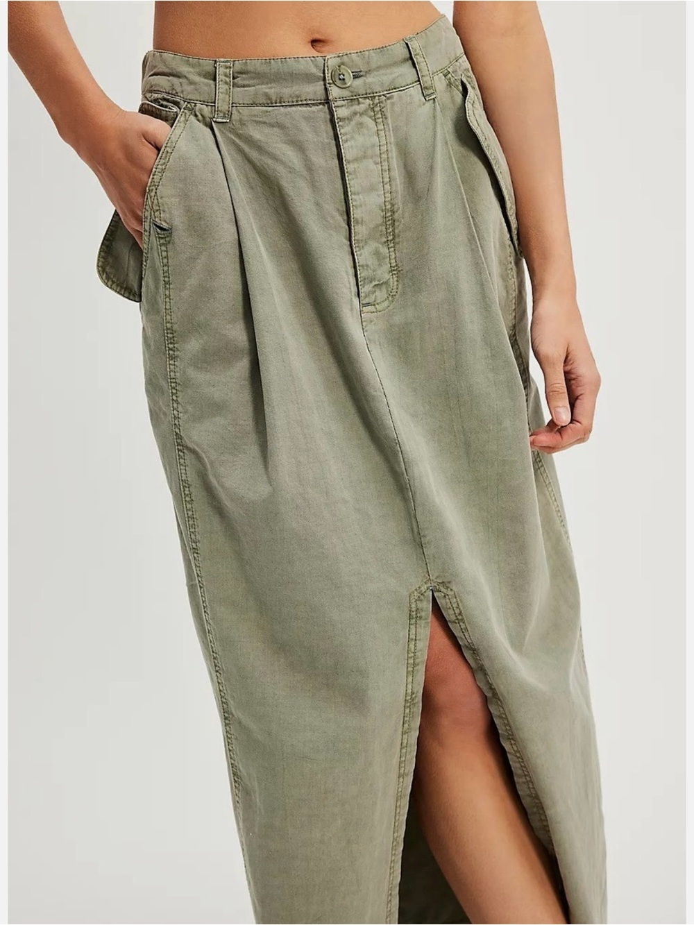 Free People Tybee Maxi Skirt Cargo A-Line Solid Pull On Shadow Army Size 4